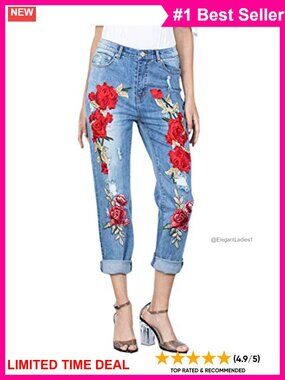 Cropped Straight Leg Jeans Floral Embroidered Ripped Denim Pants